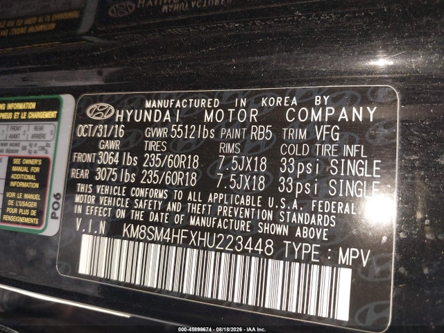 Aukcja sprzedaży 2017 Hyundai Santa Fe Se, vin: KM8SM4HFXHU223448, numer aukcji: 45898674