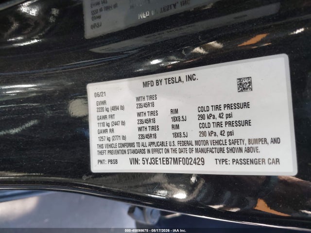Aukcja sprzedaży 2021 Tesla Model 3 Long Range Dual Motor All-wheel Drive, vin: 5YJ3E1EB7MF002429, numer aukcji: 45898675