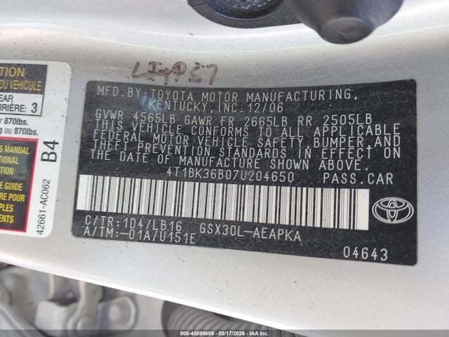 45898689 :رقم المزاد ، 4T1BK36B07U204650 vin ، 2007 Toyota Avalon Limited مزاد بيع