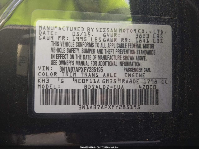 Продаж на аукціоні авто 2015 Nissan Sentra Sv, vin: 3N1AB7APXFY285195, номер лоту: 45898703