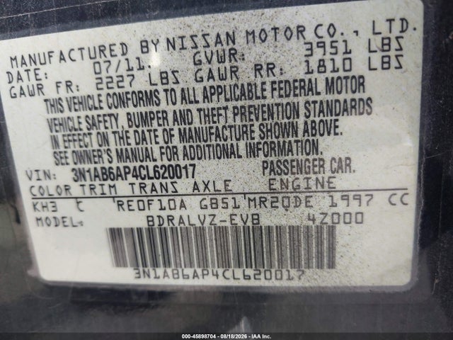 45898704 :رقم المزاد ، 3N1AB6AP4CL620017 vin ، 2012 Nissan Sentra 2.0 Sl مزاد بيع