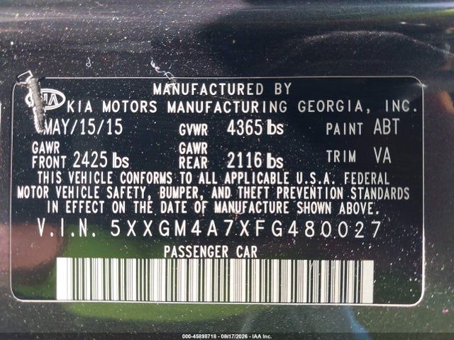 Продажа на аукционе авто 2015 Kia Optima Lx, vin: 5XXGM4A7XFG480027, номер лота: 45898718