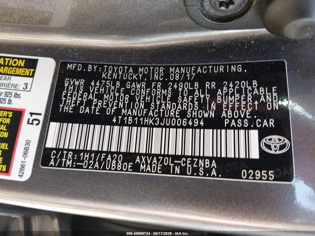 Продаж на аукціоні авто 2018 Toyota Camry Le, vin: 4T1B11HK3JU006494, номер лоту: 45898724