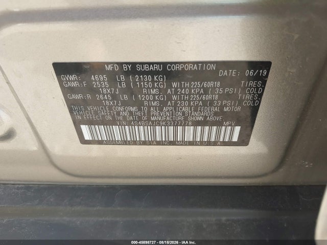 45898727 :رقم المزاد ، 4S4BSAJC9K3377778 vin ، 2019 Subaru Outback 2.5i Limited مزاد بيع