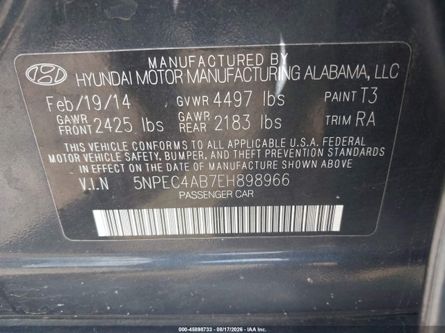 Продажа на аукционе авто 2014 Hyundai Sonata Limited 2.0t, vin: 5NPEC4AB7EH898966, номер лота: 45898733