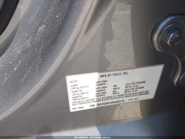 45898740 :رقم المزاد ، 7SAYGDEE4RA303226 vin ، 2024 Tesla Model Y Long Range Dual Motor All-wheel Drive مزاد بيع