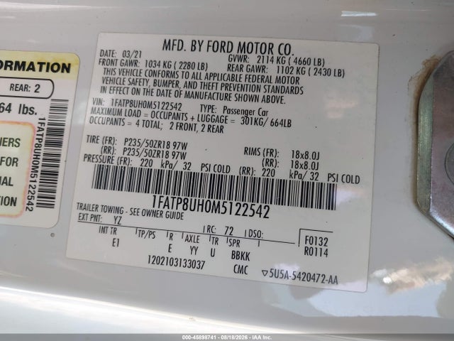 45898741 :رقم المزاد ، 1FATP8UH0M5122542 vin ، 2021 Ford Mustang Ecoboost Premium مزاد بيع