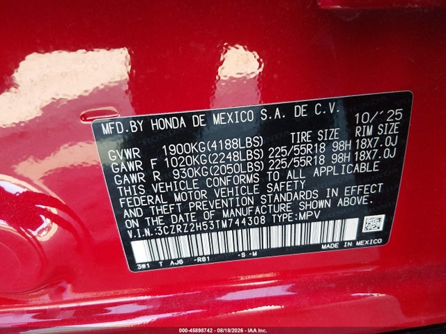 Продаж на аукціоні авто 2026 Honda Hr-v Awd Sport, vin: 3CZRZ2H53TM744308, номер лоту: 45898742