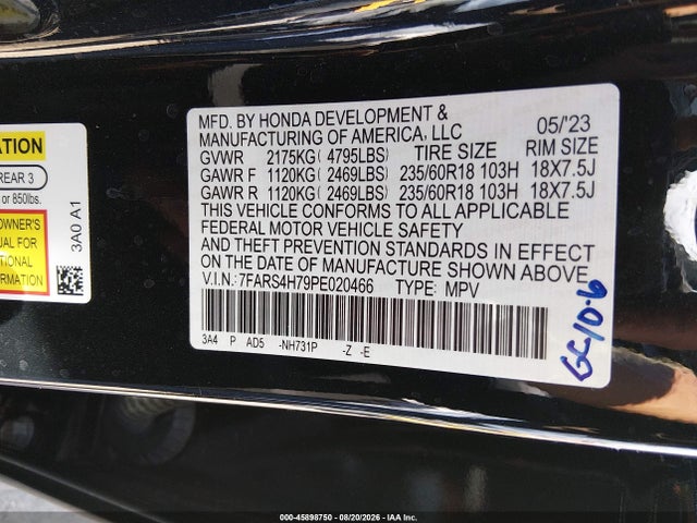 45898750 :رقم المزاد ، 7FARS4H79PE020466 vin ، 2023 Honda Cr-v Ex-l Awd مزاد بيع
