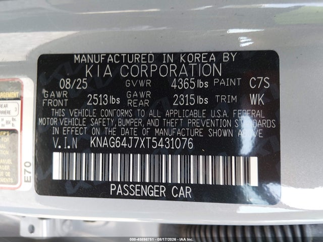 Aukcja sprzedaży 2026 Kia K5 Gt-line Fwd, vin: KNAG64J7XT5431076, numer aukcji: 45898751