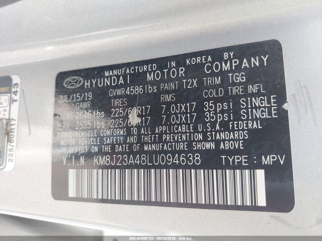 45898753 :رقم المزاد ، KM8J23A48LU094638 vin ، 2020 Hyundai Tucson Se مزاد بيع