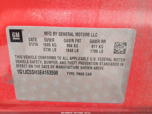 Продажа на аукционе авто 2014 Chevrolet Sonic Lt Auto, vin: 1G1JC5SH3E4163598, номер лота: 45898755
