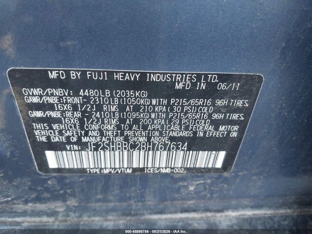 45898756 :رقم المزاد ، JF2SHBBC2BH767634 vin ، 2011 Subaru Forester 2.5x مزاد بيع