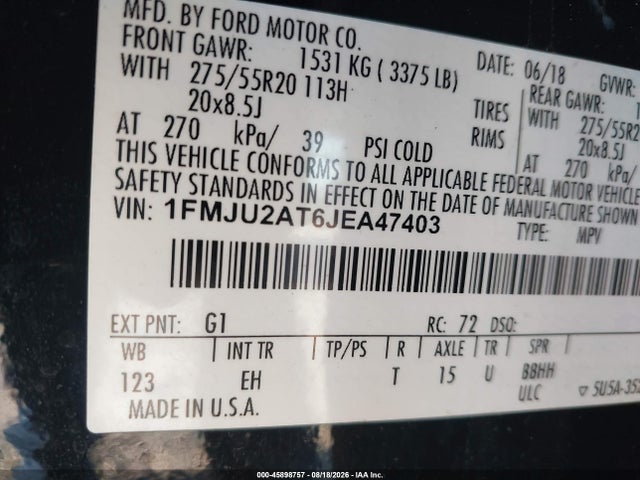 Продаж на аукціоні авто 2018 Ford Expedition Limited, vin: 1FMJU2AT6JEA47403, номер лоту: 45898757