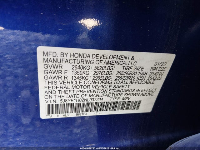 2022 Acura Mdx A-spec Package მანქანა იყიდება აუქციონზე, vin: 5J8YE1H02NL037234, აუქციონის ნომერი: 45898763