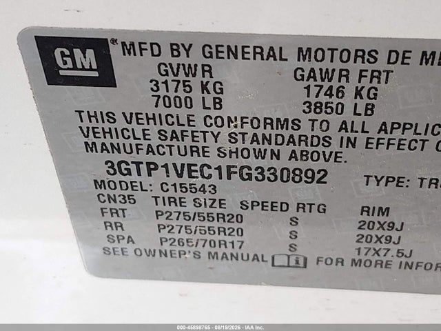 Aukcja sprzedaży 2015 Gmc Sierra 1500 Slt, vin: 3GTP1VEC1FG330892, numer aukcji: 45898765