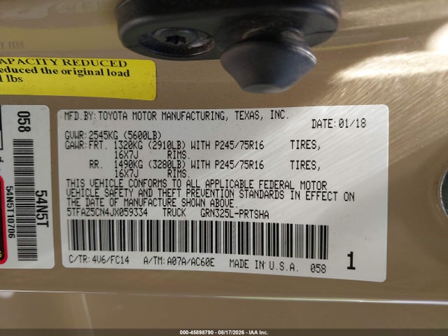 2018 Toyota Tacoma Sr5 V6 მანქანა იყიდება აუქციონზე, vin: 5TFAZ5CN4JX059334, აუქციონის ნომერი: 45898790