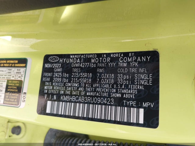 45898803 :رقم المزاد ، KM8HBCAB3RU090423 vin ، 2024 Hyundai Kona Sel مزاد بيع
