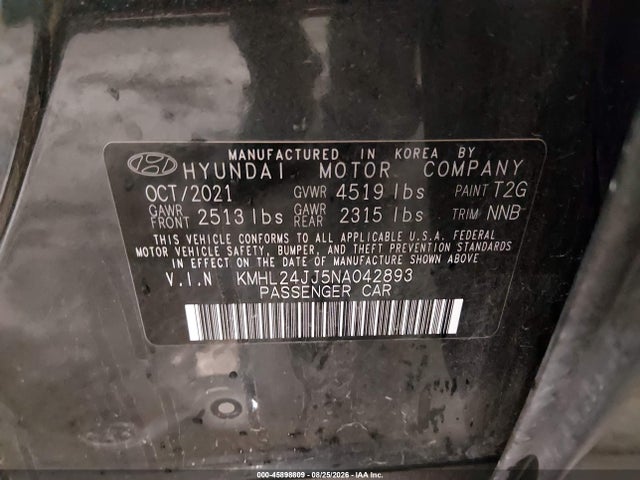 45898809 :رقم المزاد ، KMHL24JJ5NA042893 vin ، 2022 Hyundai Sonata Hybrid Blue مزاد بيع