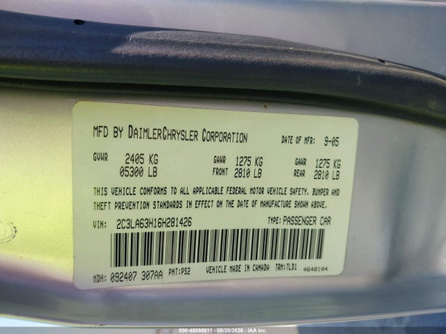 Продаж на аукціоні авто 2006 Chrysler 300c, vin: 2C3LA63H16H281426, номер лоту: 45898811