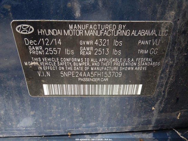 2015 Hyundai Sonata Eco მანქანა იყიდება აუქციონზე, vin: 5NPE24AA5FH153709, აუქციონის ნომერი: 45898815