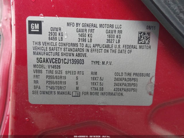 Продаж на аукціоні авто 2012 Buick Enclave Leather, vin: 5GAKVCED1CJ139903, номер лоту: 45898816