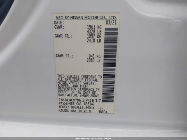 Aukcja sprzedaży 2021 Nissan Altima Sr Fwd, vin: 1N4BL4CV7MN370617, numer aukcji: 45898818