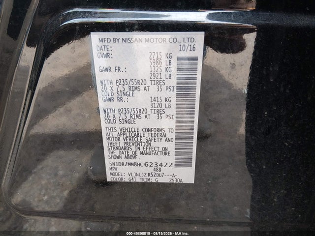 Продажа на аукционе авто 2017 Nissan Pathfinder Platinum, vin: 5N1DR2MM8HC623422, номер лота: 45898819
