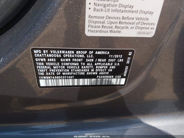 2013 Volkswagen Passat Se მანქანა იყიდება აუქციონზე, vin: 1VWBN7A36DC071037, აუქციონის ნომერი: 45898827