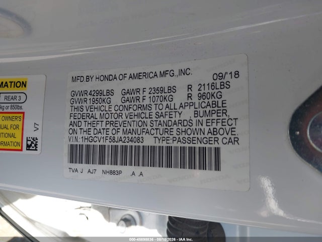 2018 Honda Accord Ex-l მანქანა იყიდება აუქციონზე, vin: 1HGCV1F58JA234083, აუქციონის ნომერი: 45898836