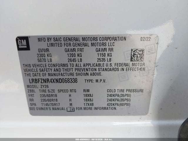 45898853 :رقم المزاد ، LRBFZNR4XND068338 vin ، 2022 Buick Envision Fwd Essence مزاد بيع