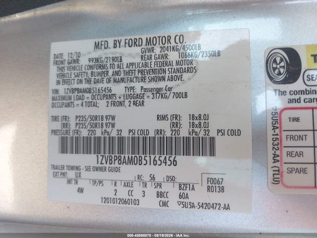 2011 Ford Mustang V6 Premium მანქანა იყიდება აუქციონზე, vin: 1ZVBP8AM0B5165456, აუქციონის ნომერი: 45898870
