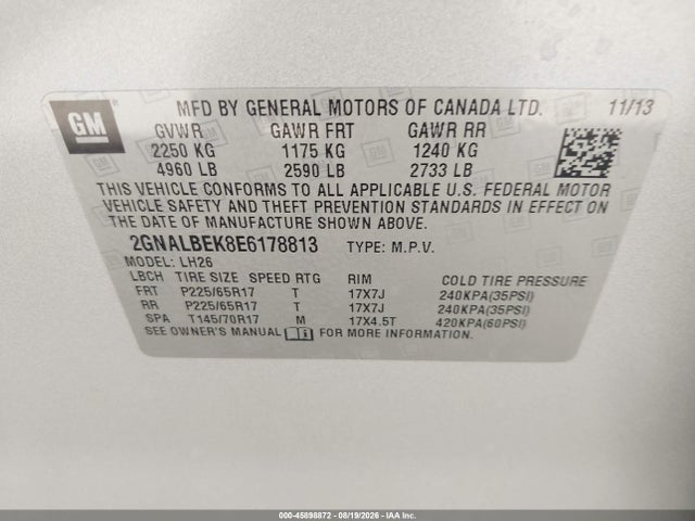 45898872 :رقم المزاد ، 2GNALBEK8E6178813 vin ، 2014 Chevrolet Equinox Lt مزاد بيع