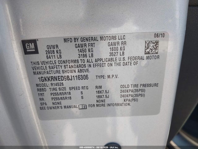 45898874 :رقم المزاد ، 1GKKRNED9BJ116306 vin ، 2011 Gmc Acadia Sl مزاد بيع