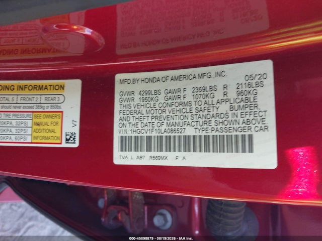 Aukcja sprzedaży 2020 Honda Accord Lx, vin: 1HGCV1F10LA086527, numer aukcji: 45898879