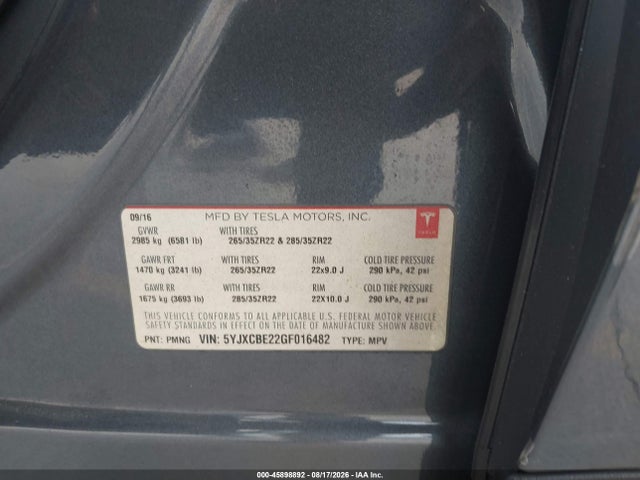 Продажа на аукционе авто 2016 Tesla Model X 60d/70d/75d/90d/p100d, vin: 5YJXCBE22GF016482, номер лота: 45898892