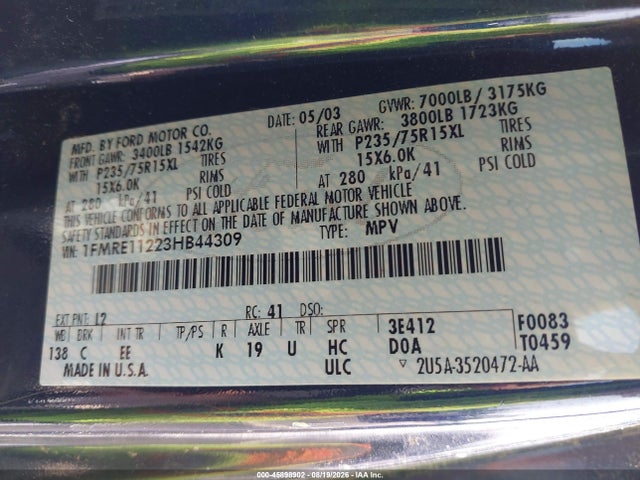 Продаж на аукціоні авто 2003 Ford E-150 Chateau/xl/xlt, vin: 1FMRE11223HB44309, номер лоту: 45898902