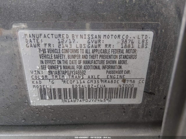 45898907 :رقم المزاد ، 3N1AB7AP0JY246592 vin ، 2018 Nissan Sentra S مزاد بيع