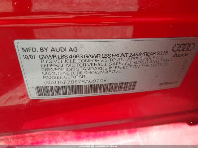 Aukcja sprzedaży 2008 Audi A4 2.0t/2.0t Special Edition, vin: WAUAF78E78A092481, numer aukcji: 45898926