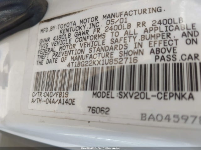 45898937 :رقم المزاد ، 4T1BG22KX1U852716 vin ، 2001 Toyota Camry Le مزاد بيع