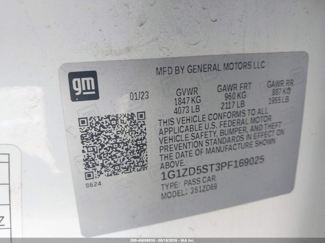 45898938 :رقم المزاد ، 1G1ZD5ST3PF169025 vin ، 2023 Chevrolet Malibu Fwd 1lt مزاد بيع