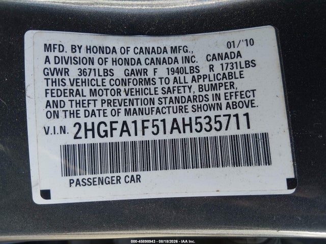 45898943 :رقم المزاد ، 2HGFA1F51AH535711 vin ، 2010 Honda Civic Lx مزاد بيع
