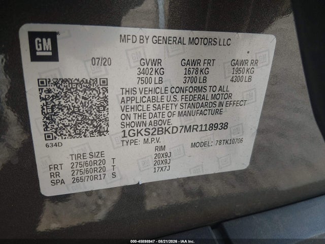 Продаж на аукціоні авто 2021 Gmc Yukon 4wd Slt, vin: 1GKS2BKD7MR118938, номер лоту: 45898947
