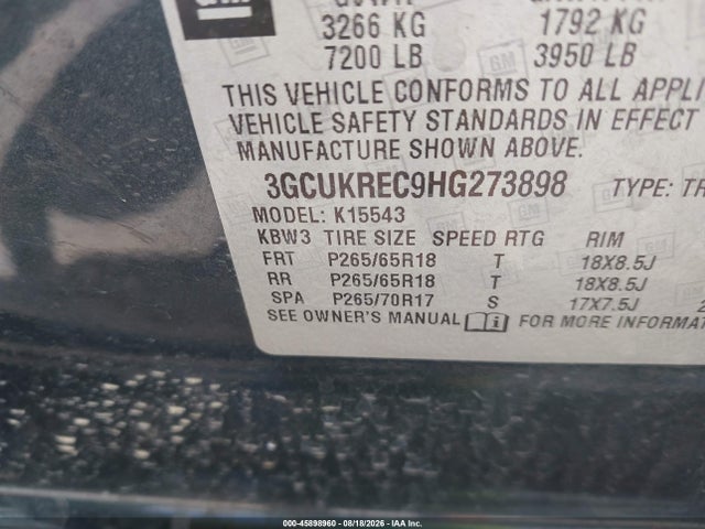 Auction sale of the 2017 Chevrolet Silverado 1500 Lt, vin: 3GCUKREC9HG273898, lot number: 45898960