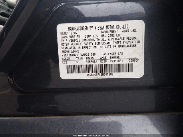 Продаж на аукціоні авто 2008 Infiniti G35x, vin: JNKBV61F48M261389, номер лоту: 45898964