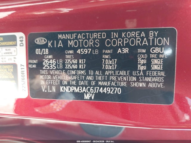 2018 Kia Sportage Lx მანქანა იყიდება აუქციონზე, vin: KNDPM3AC6J7449270, აუქციონის ნომერი: 45898967