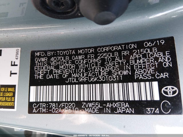 Auction sale of the 2019 Toyota Prius Le, vin: JTDL9RFU6K3010311, lot number: 45898978