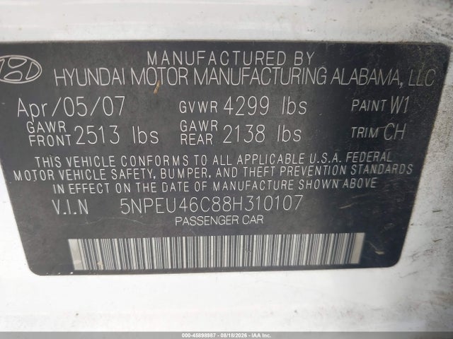 Продажа на аукционе авто 2008 Hyundai Sonata, vin: 5NPEU46C88H310107, номер лота: 45898987