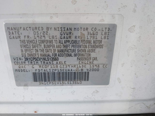 3N1CP5CV1NL513560 Nissan Kicks Sv Xtronic Cvt