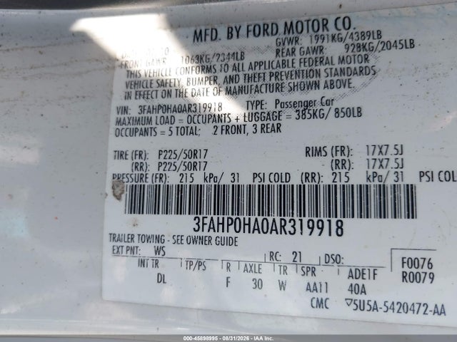 Продаж на аукціоні авто 2010 Ford Fusion Se, vin: 3FAHP0HA0AR319918, номер лоту: 45898995